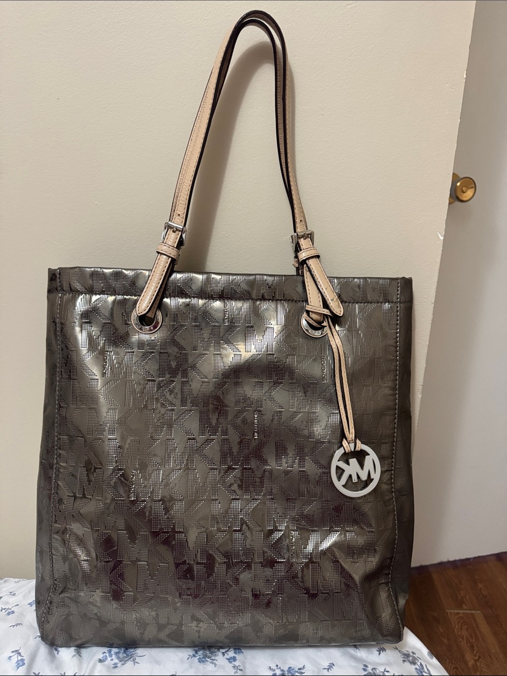 Michael Kors Metallic Gunmetal MK Logo Tote with Beige Straps
